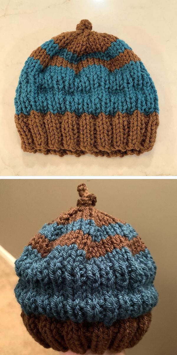 a knit baby beanie in blue and brown