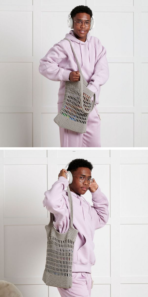 a boy wearing a crochet market bag in a grey color