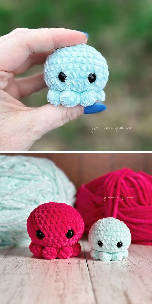 three crochet octopus amigurumi in different colors and sizes