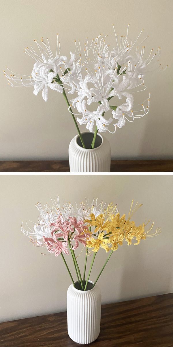 crochet spider lilies in white, pink and yellow colors in a white vase 