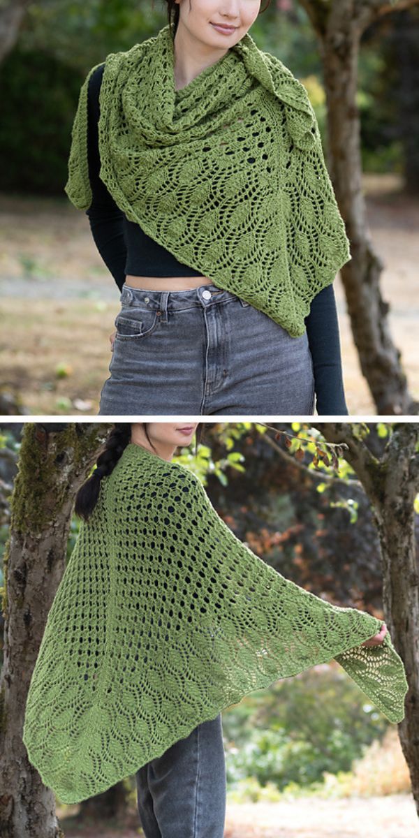 a woman wearing a green knitted shawl