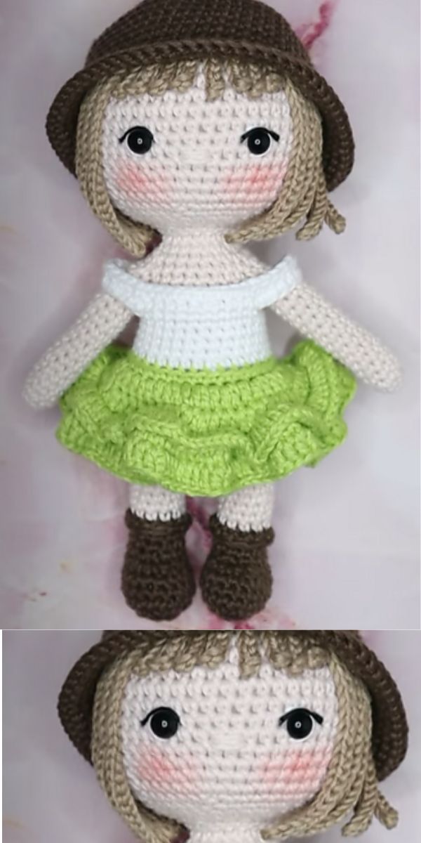 a crochet doll amigurumi wearing a dress, off-shoulder top and hat