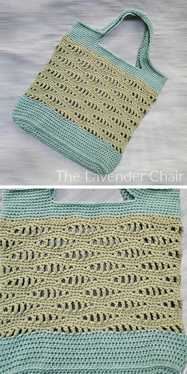 a crochet market tote bag in green colors