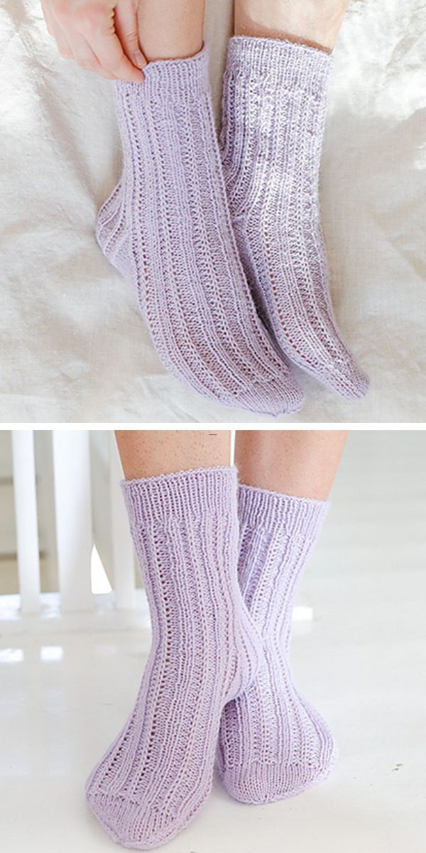 a person wearing knitted socks with a ribbed pattern in a violet color
