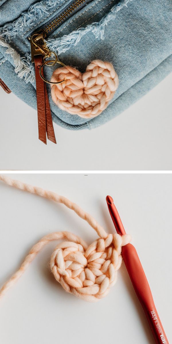 a crochet heart made of chunky yarn in a cream color