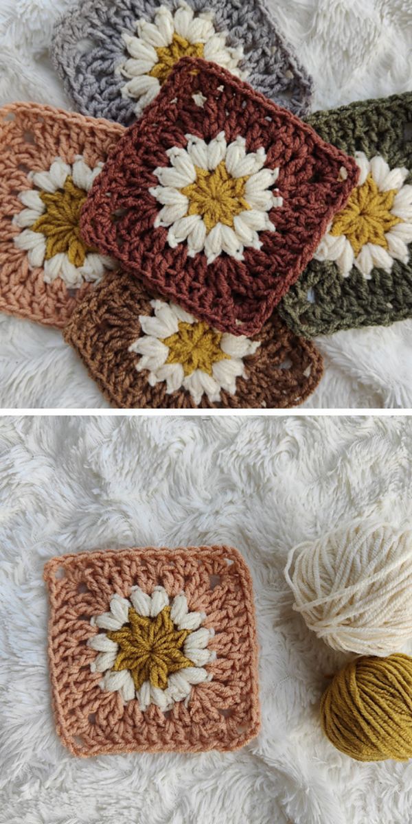 crochet granny squares in different colors with a flower motif in the center of each square