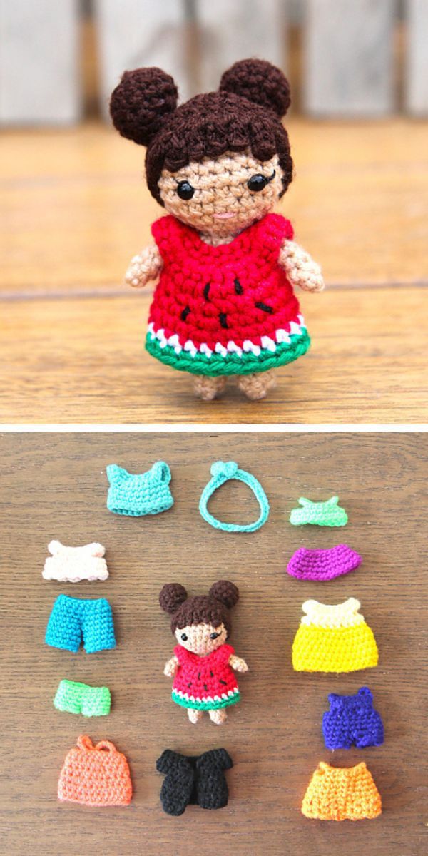 a crochet doll wearing a watermelon dress placed on a floor with a set of different crochet clothes around her
