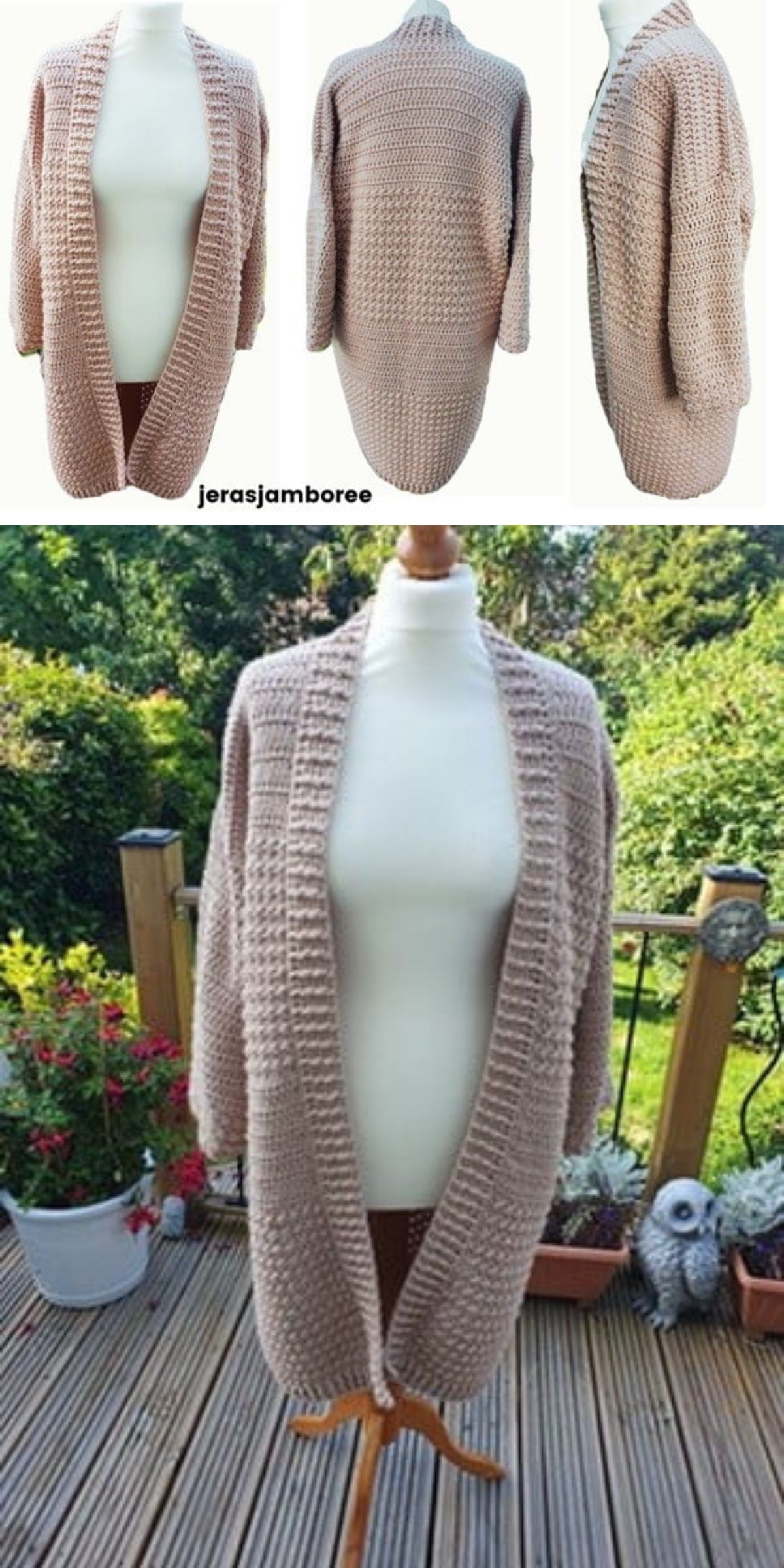 A mannequin showcases a long crochet cardigan, highlighting its intricate design from multiple angles, while another photo captures it elegantly draped outside on a wooden deck.