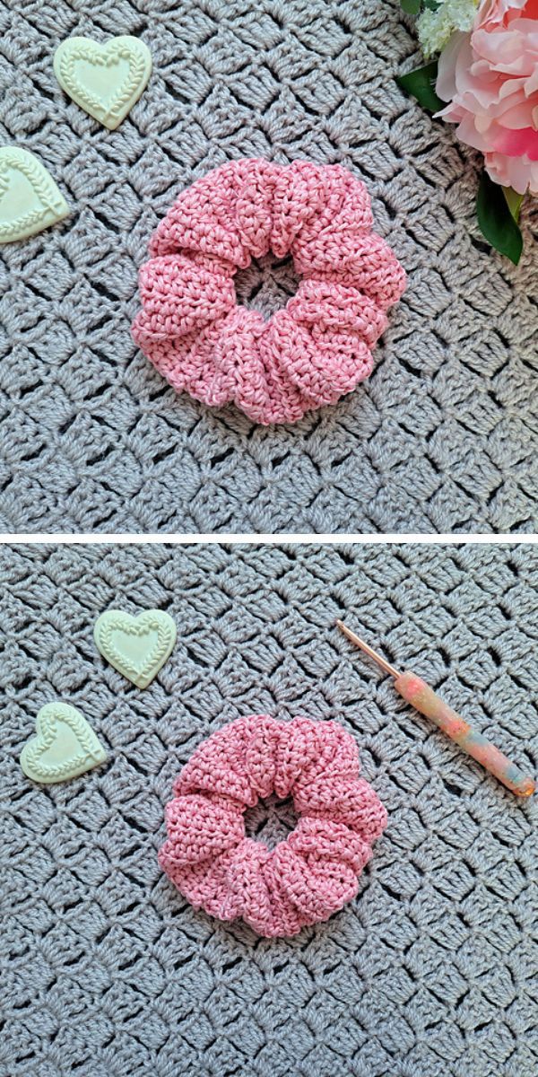 a crochet scrunchie in a pink color