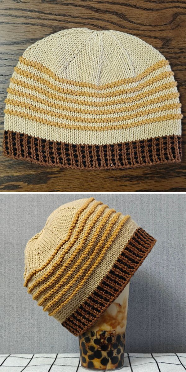 a beige crochet hat with a brown ribbing and yellow stripes