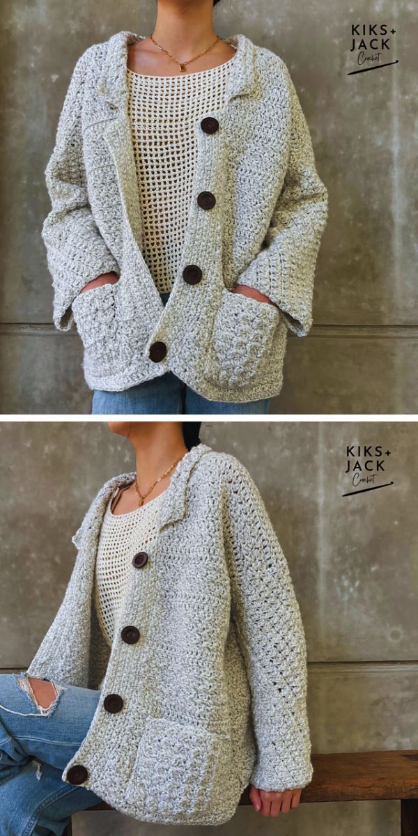 a woman wearing a light grey crochet cardigan with pockets and big black buttons