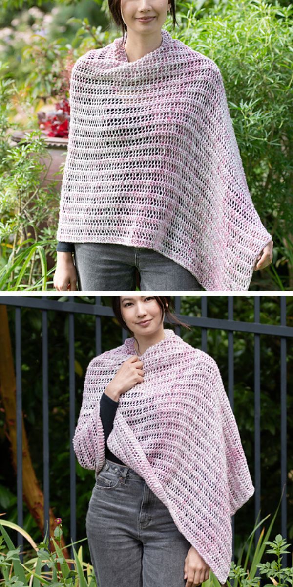 a woman wearing a knitted shawl in a delicate pink color