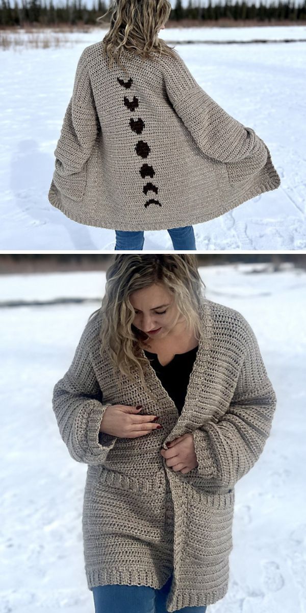 a woman wearing a long crochet cardigan in a neutral color and colar ribbing