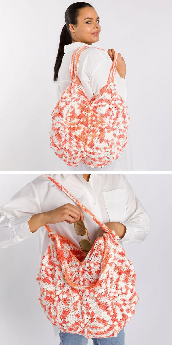 a woman wearing a crochet tote bag made of colorful textured squares