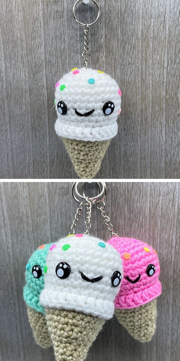 a crochet ice cream cone keychain amigurumi with eyes and a smiley face