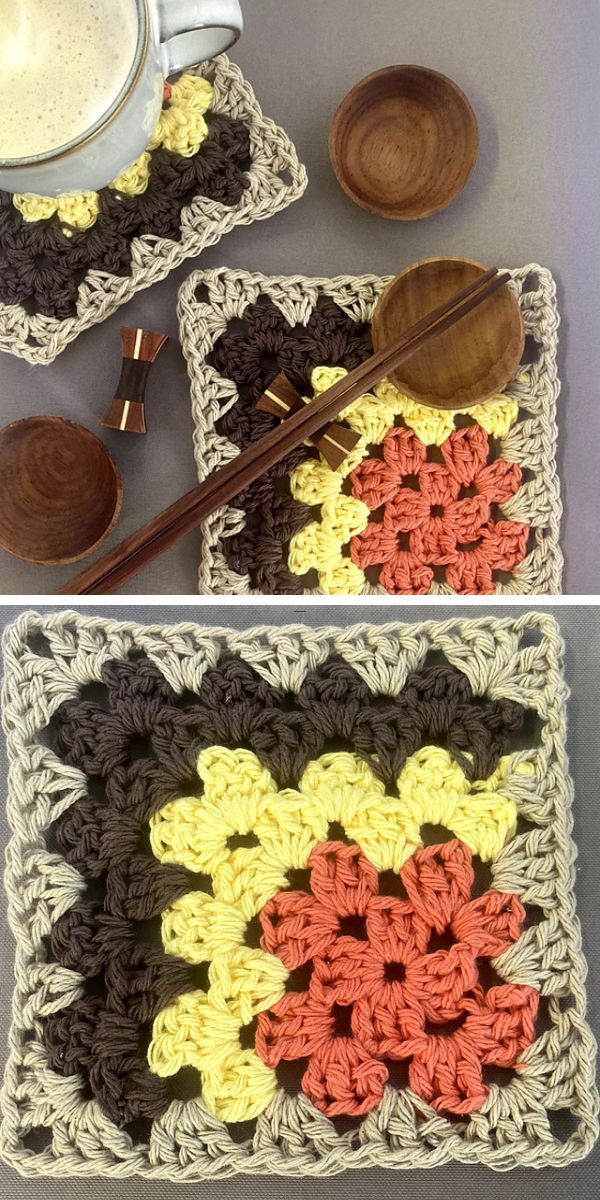 a mitered crochet granny square in four colors