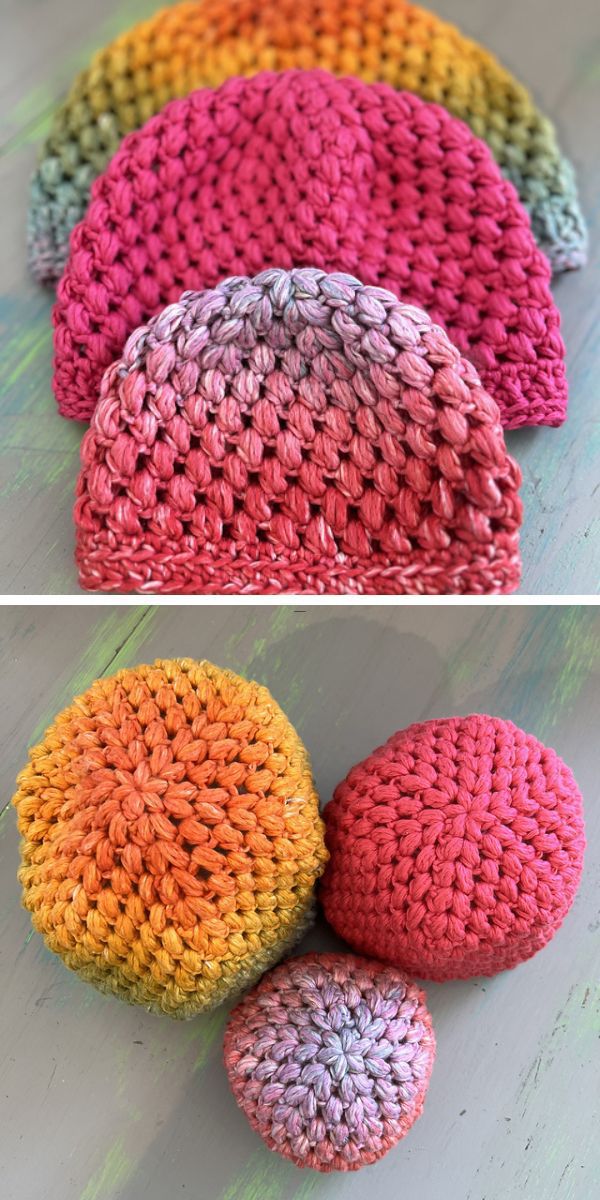 three crochet beanies in different sizes and colors