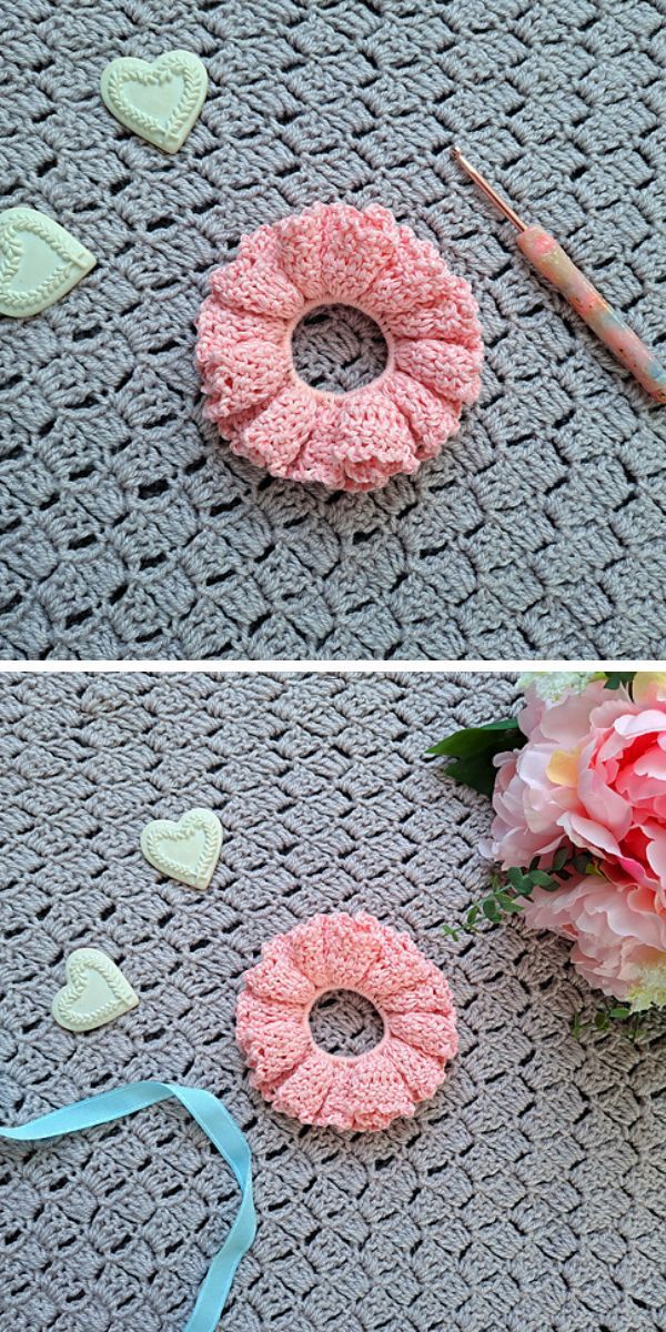 a pink crochet scrunchie