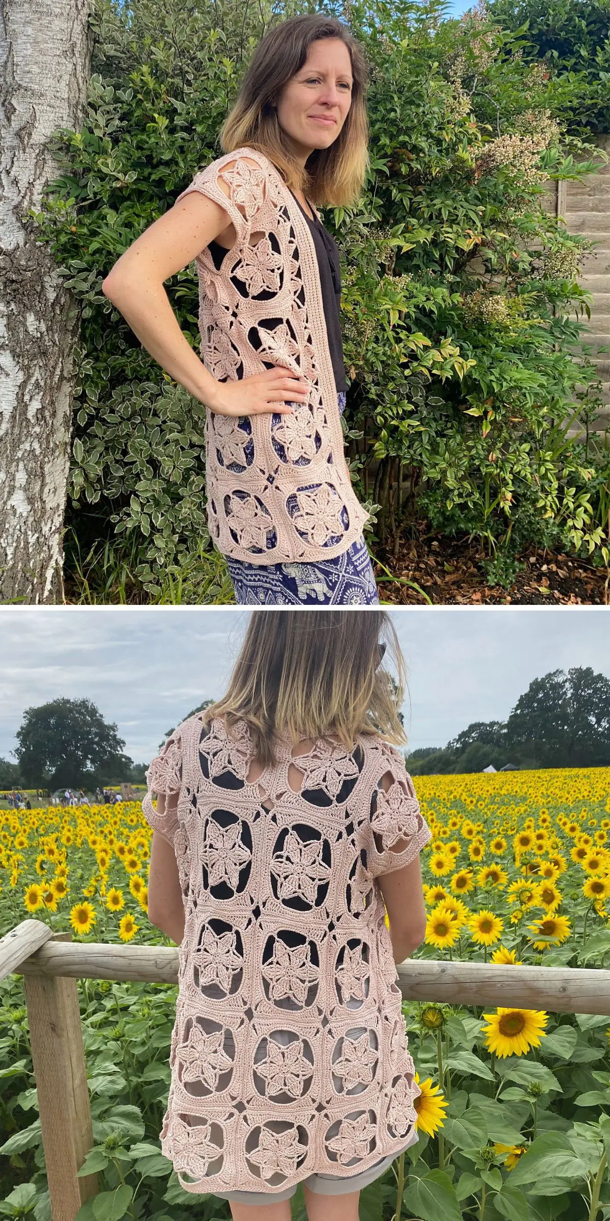 A woman wearing a long crochet cardigan stands by a tree in one image and faces a sunflower field in another.