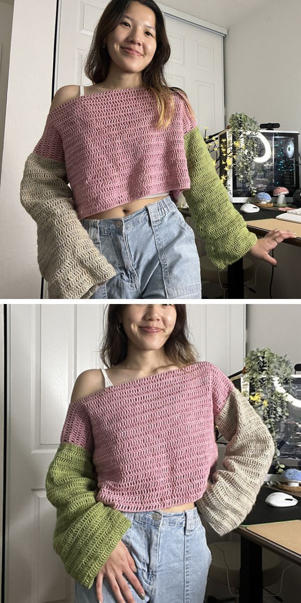 a woman wearing a relaxed fit rochet sweater with wide sleeves