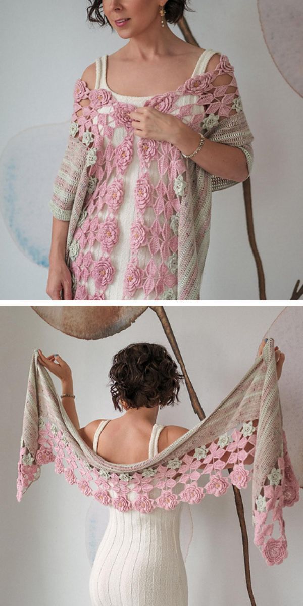 a woman wearing a crochet lace shawl with flower motifs in pink