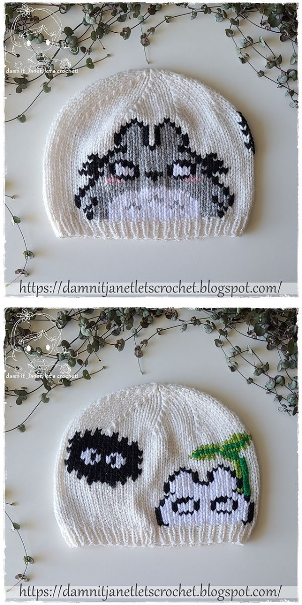 a white crochet beanie with Totoro Pokemon design