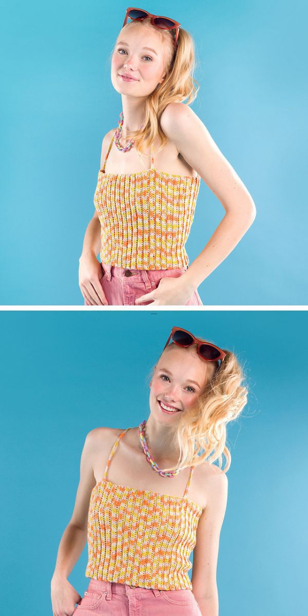 a girl wearing a crochet ribbed top in multiple colors