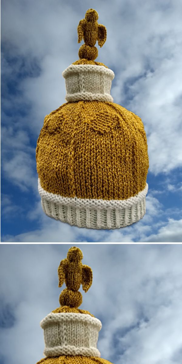a knitted baby hat featuring a gold dome design