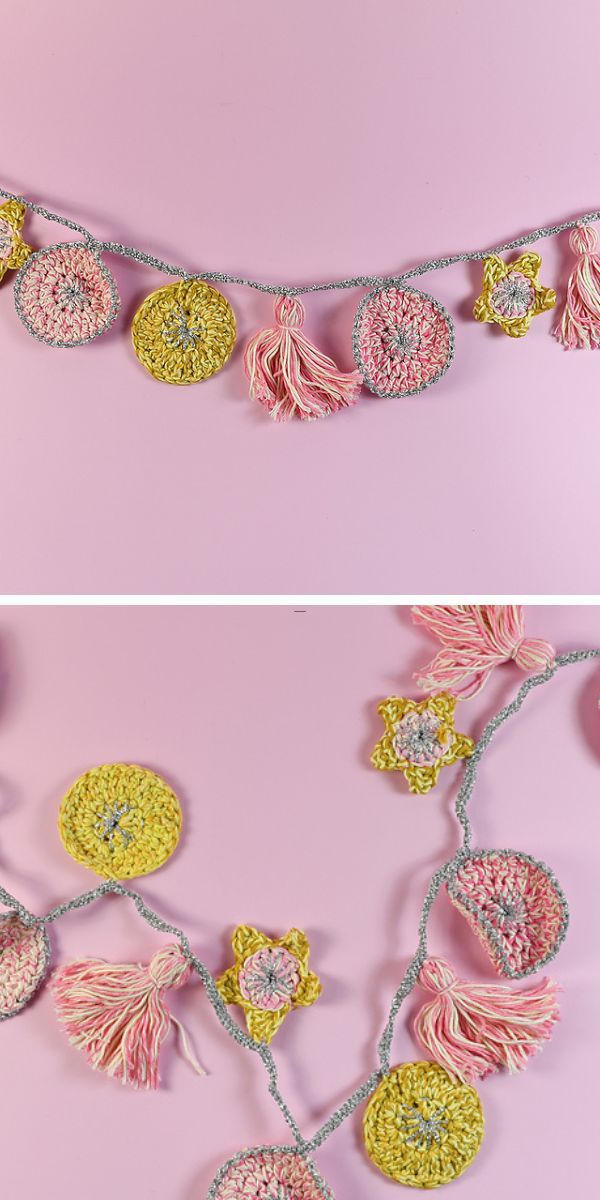 a crochet buting in pink and yellow colors featuring circles, stars and tassels