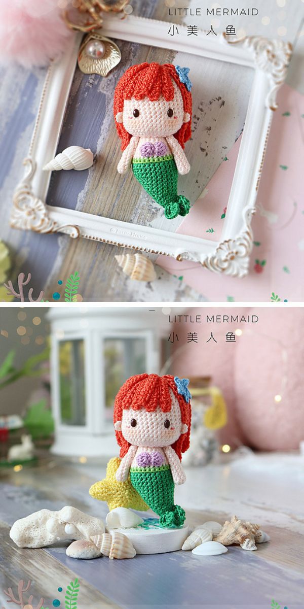 a crochet amigurumi doll portraying Little Mermaid 