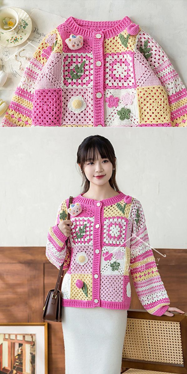 a pink crochet granny square cardigan with applique embellishments