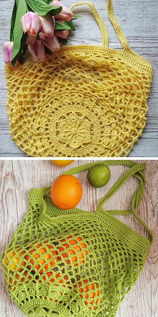 two crochet mesh market bags, one in yellow and one in green