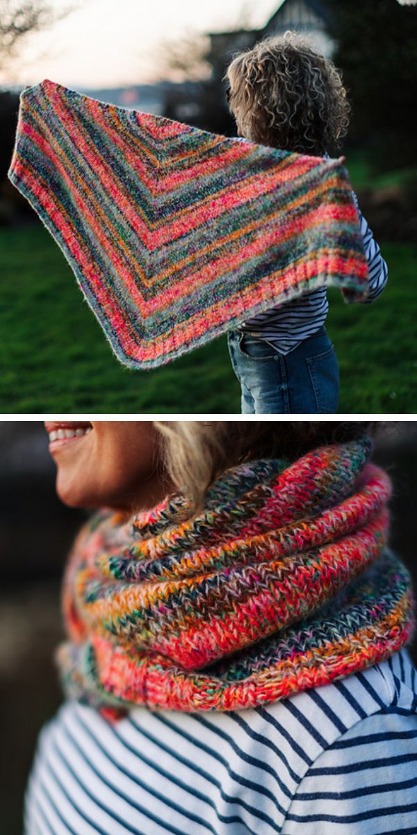 a woman showcasing a knitted triangle shawl with a striped design in multiple colors