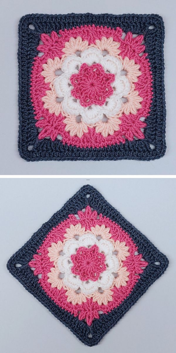 a crochet granny square with a flower motif in two shades of pink, white and dark blue