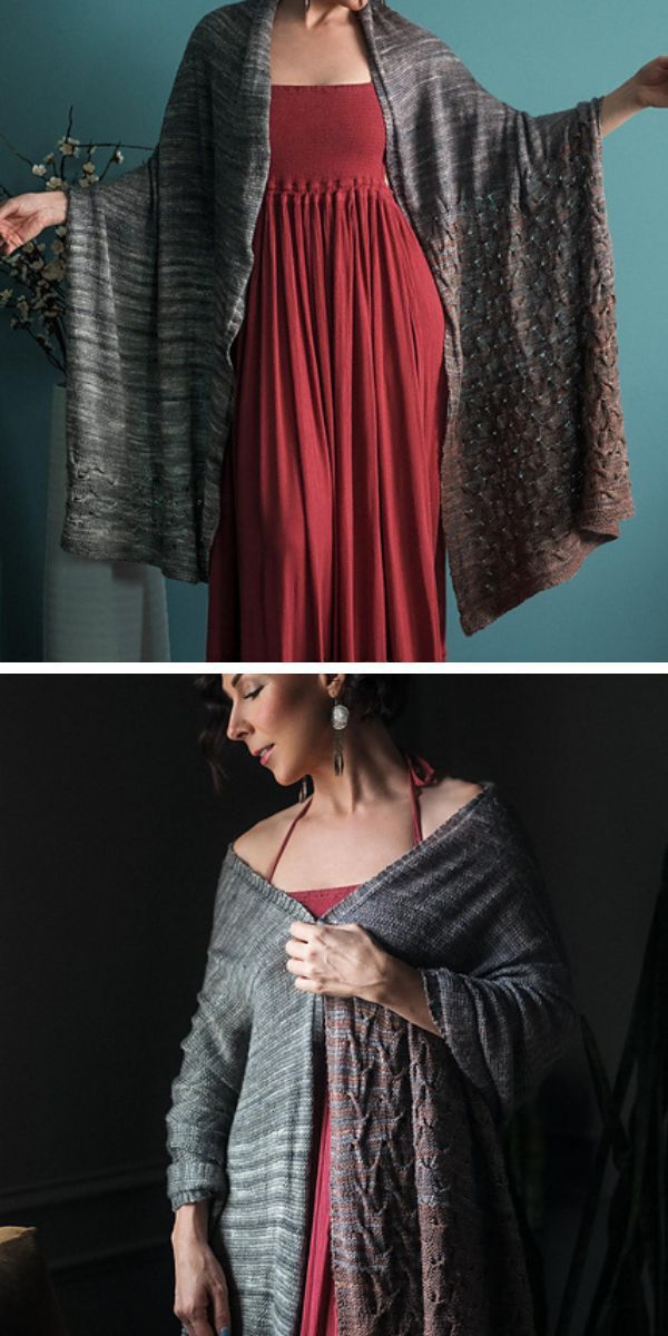 a woman wearing a long knitted shawl in a dark neutral color with a stylish knit pattern 