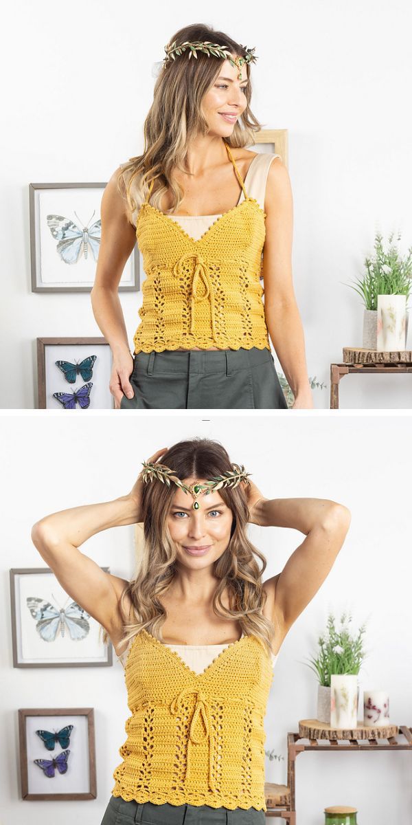a woman wearing a yellow crochet top with a lace pattern