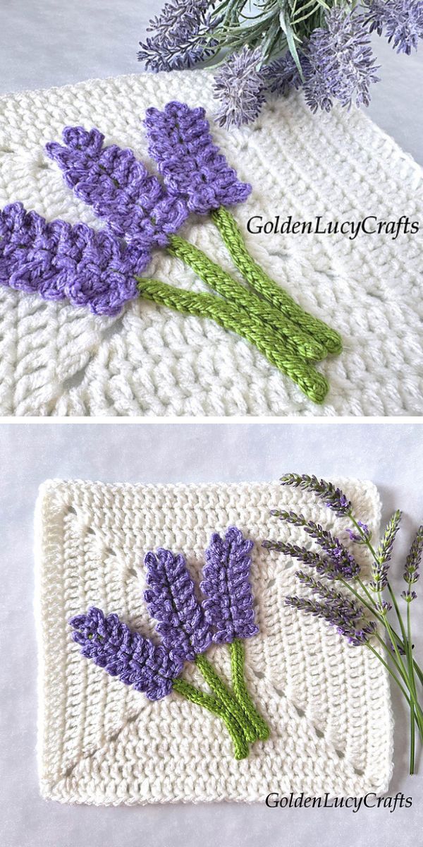 a crochet granny square with a lavender motif