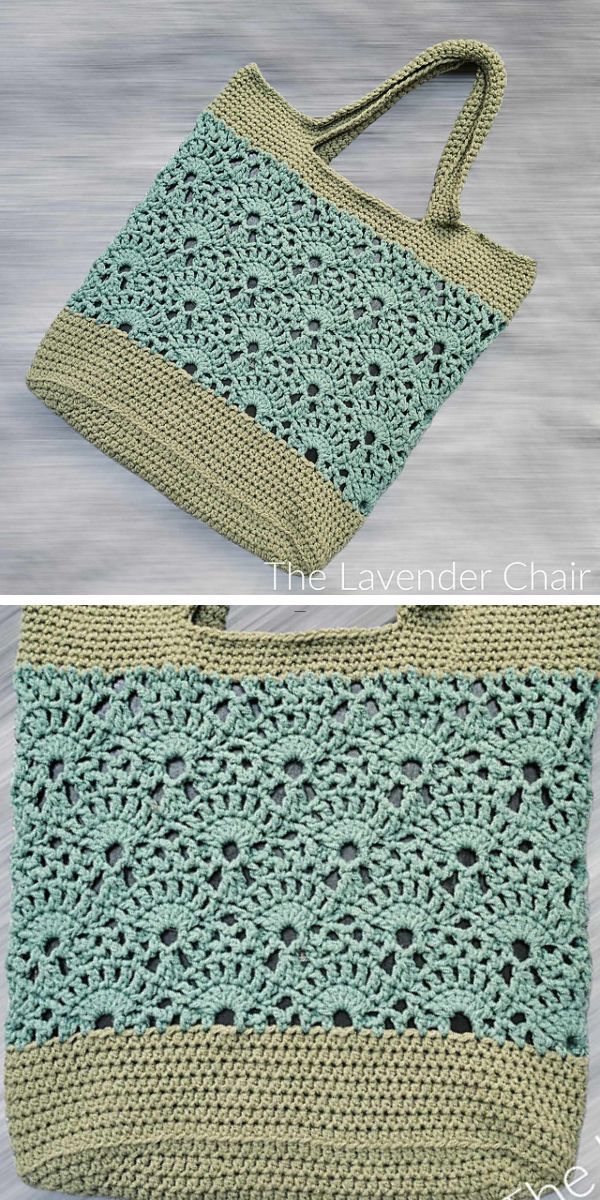 a crochet tote bag in green featuring a shell stitch design