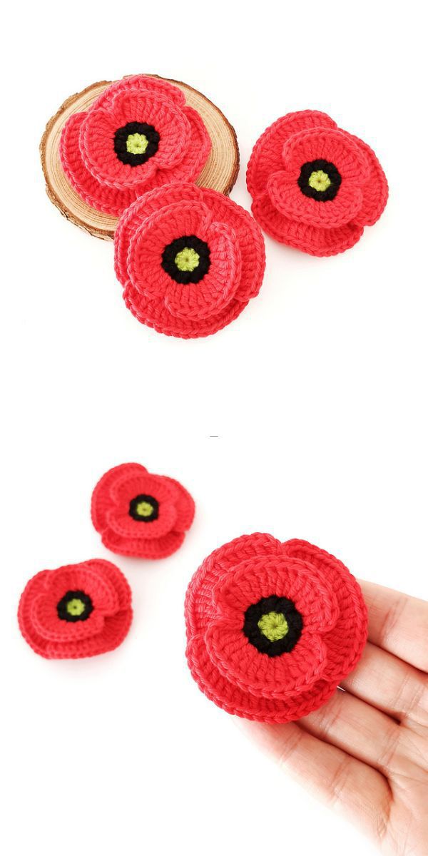 three red crochet poppy flowers