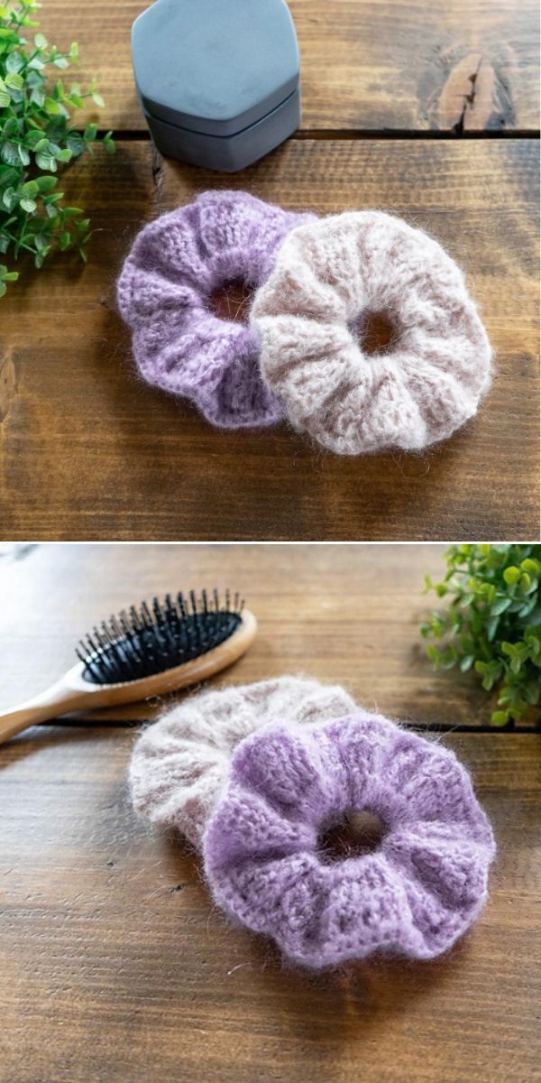 two crochet scrunchies, one in purple and one in light pink