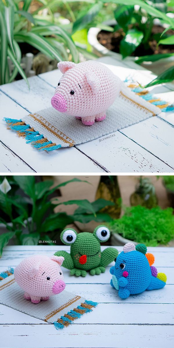 crochet baby pig amigurumi placed on a little crocheted rug