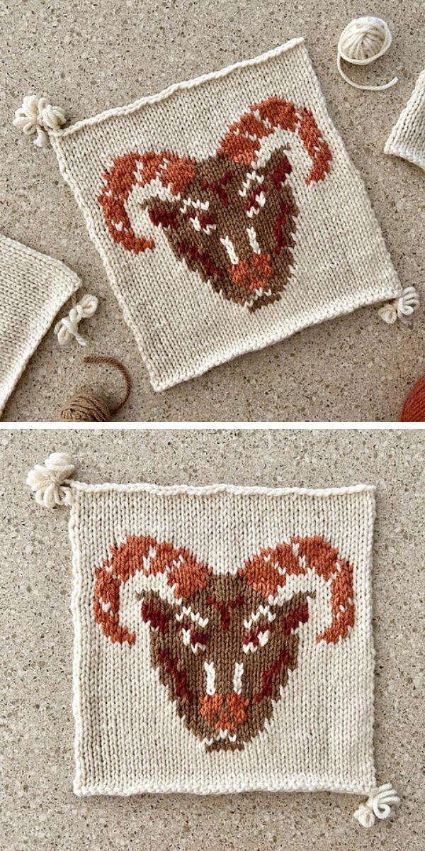 a knitted square with a zodiac aries design