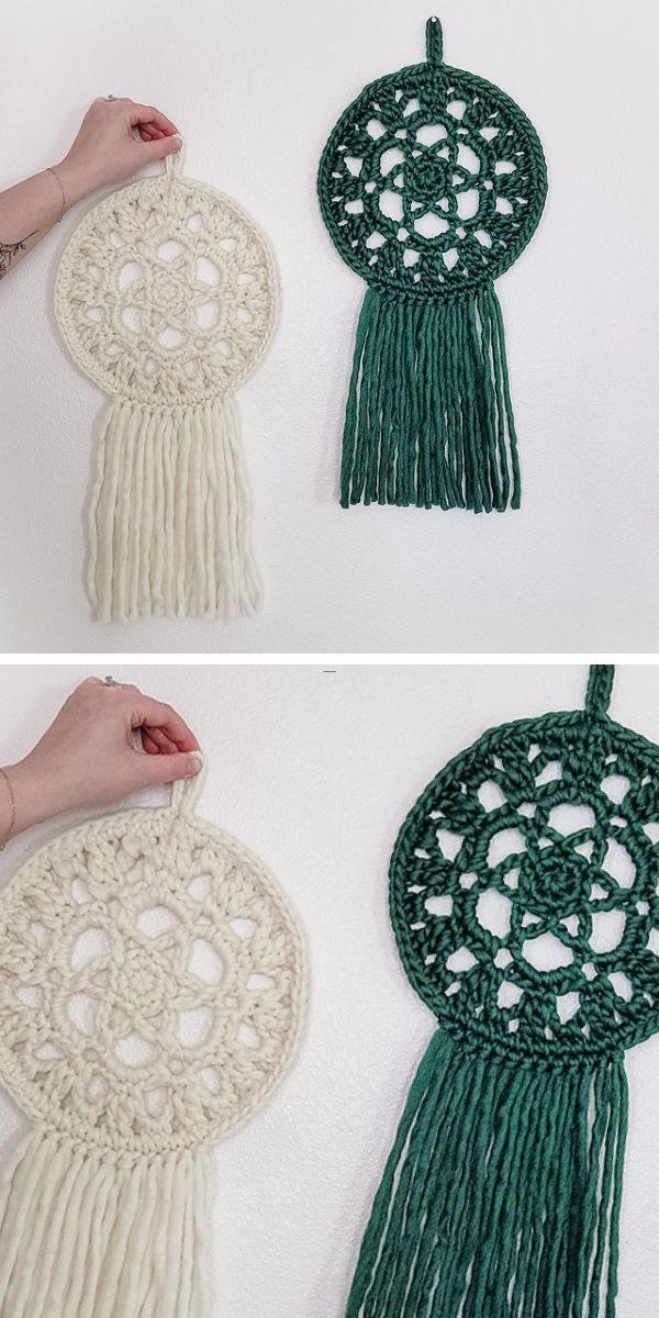 two crochet wall hangings with a flower motif and tassels at the bottom, one in white and one in dark green