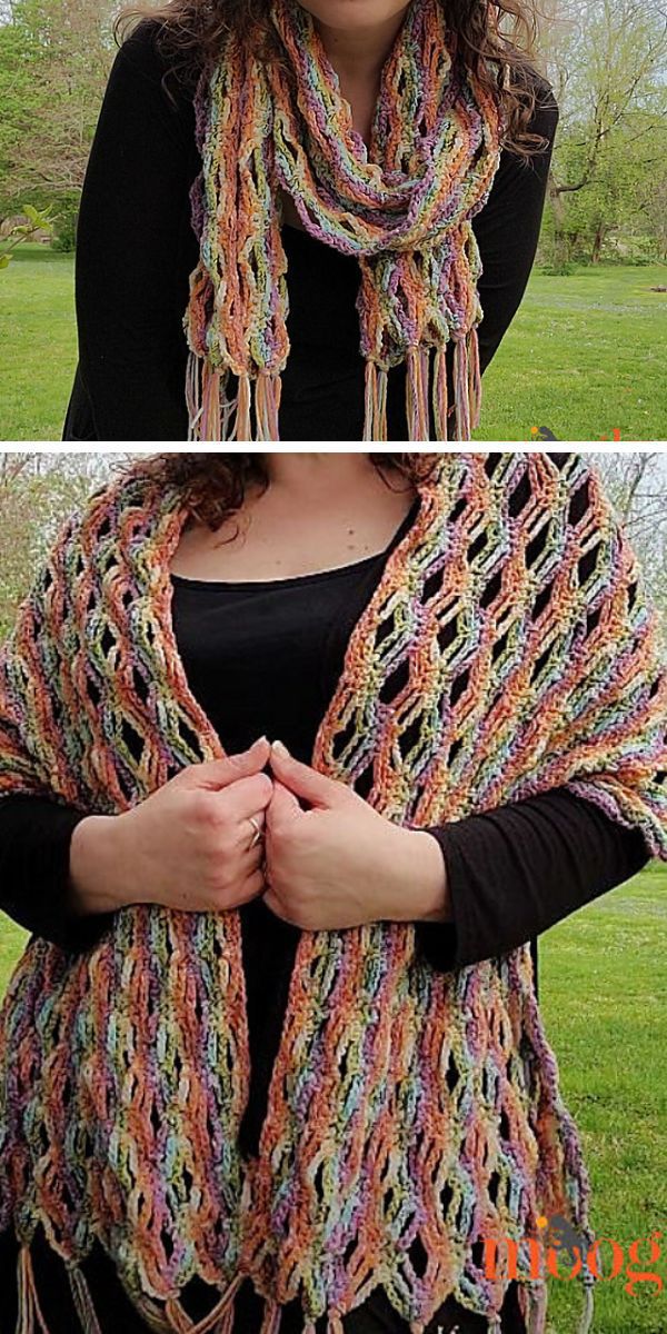 a woman wearing a colorful crochet shawl featuring a lace design