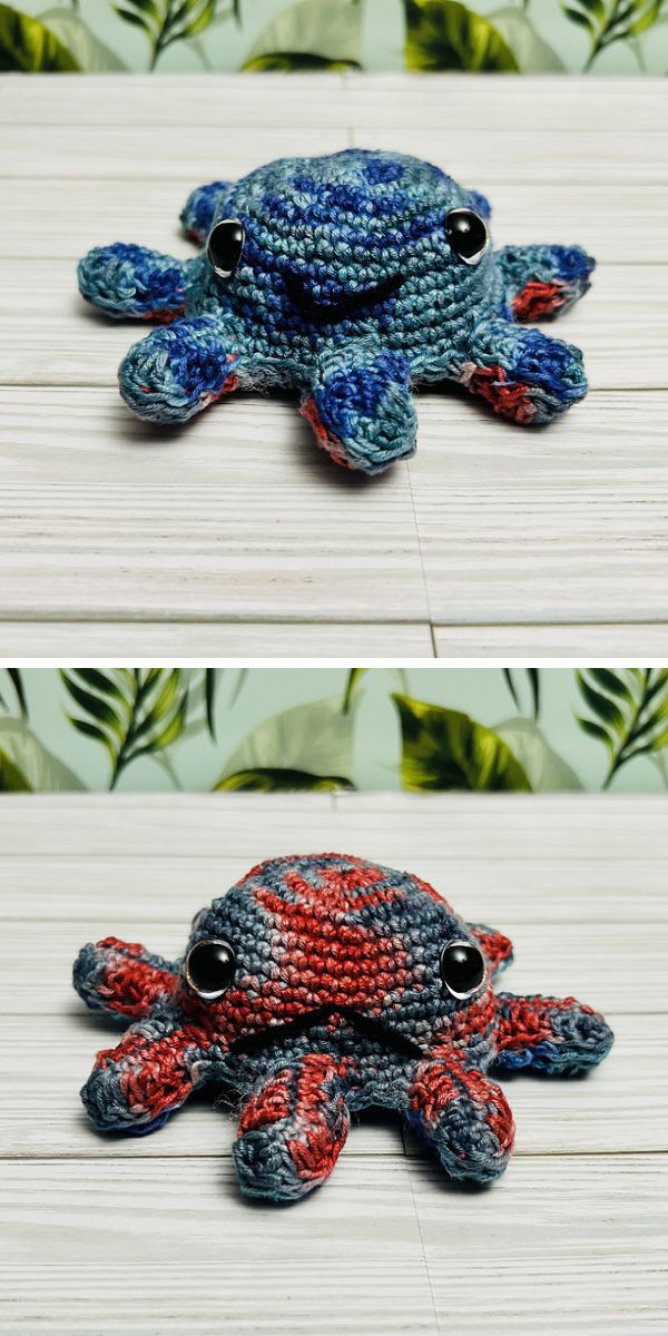 two crochet octopus amigurumi with a happy face and sad face