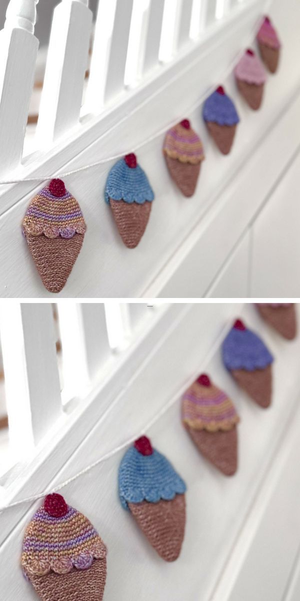 crochet ice cream appliques on a garland string