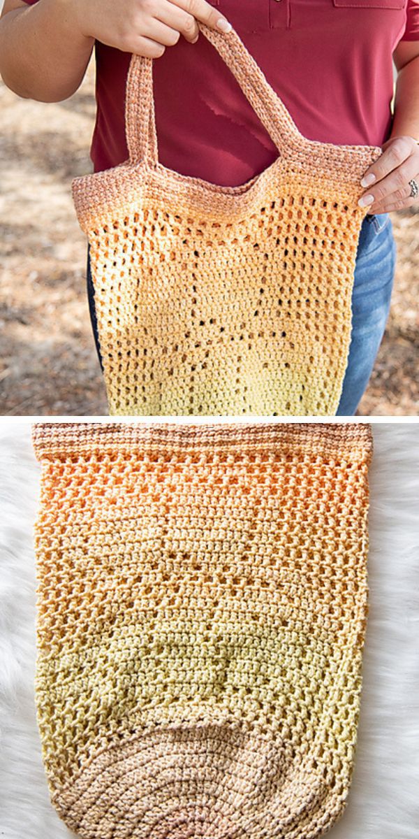 a woman holding a crochet market bag in light ornage colors