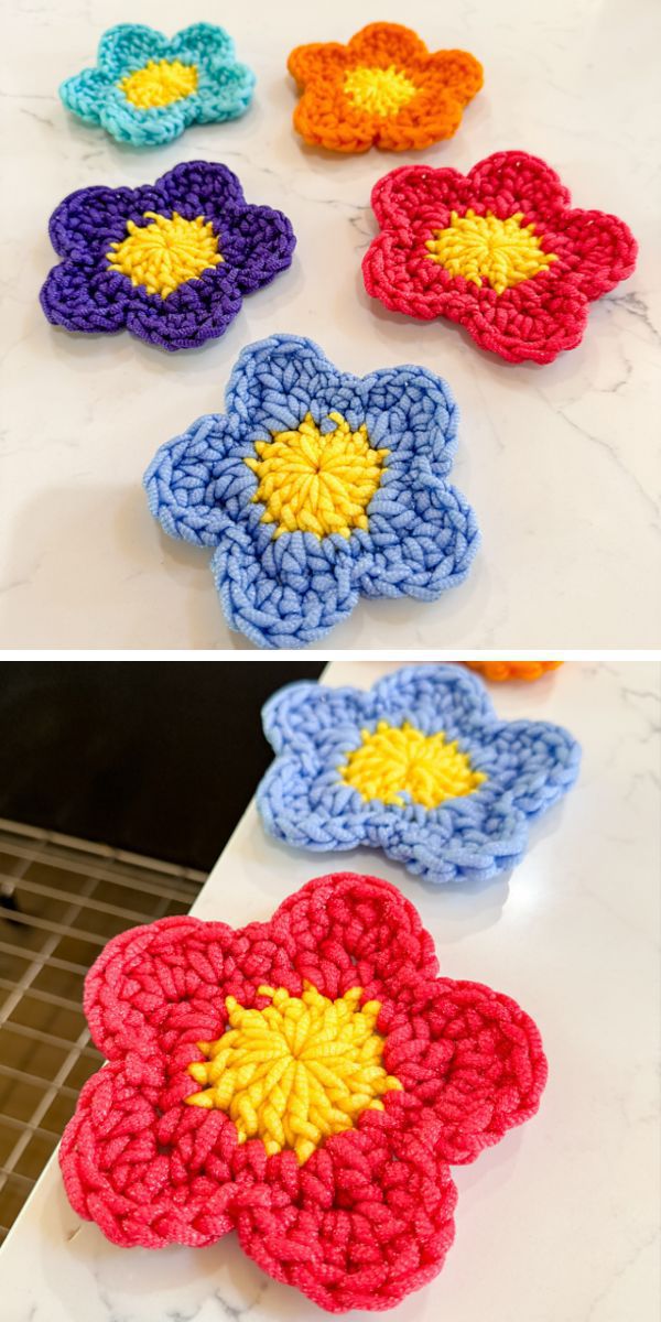 flower-shaped crochet scrubbies in different colors