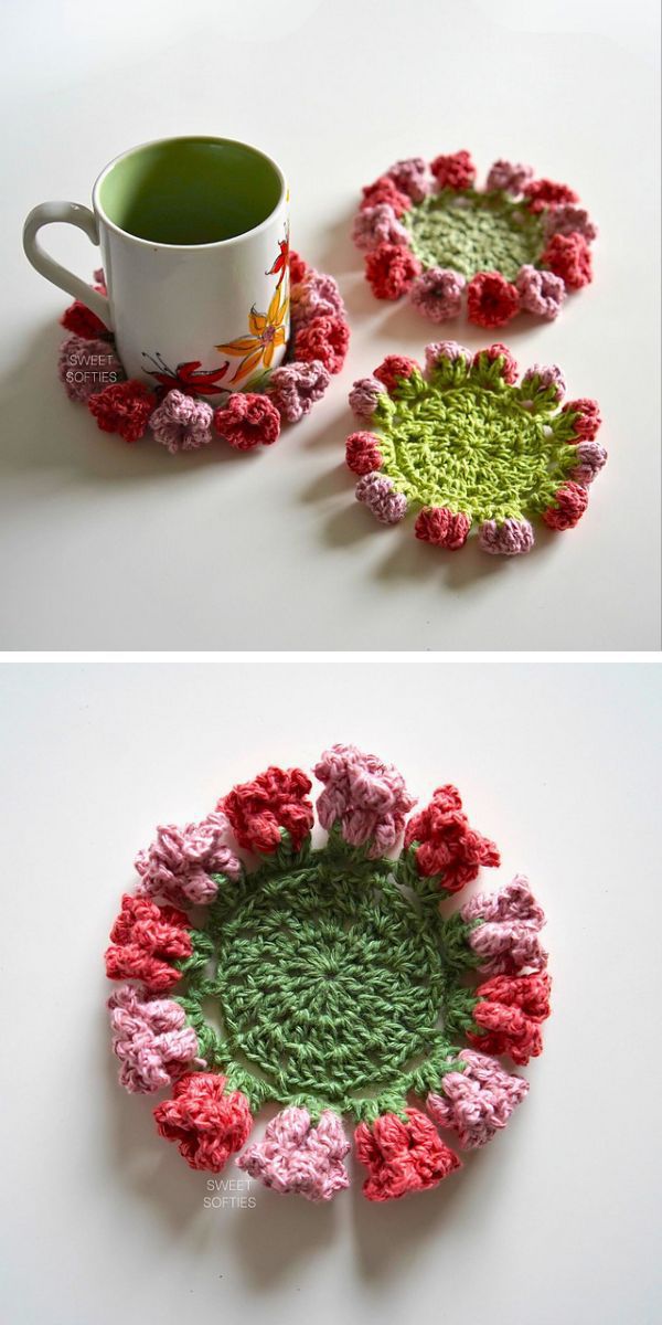 crochet coasters adorned with cute little  roses