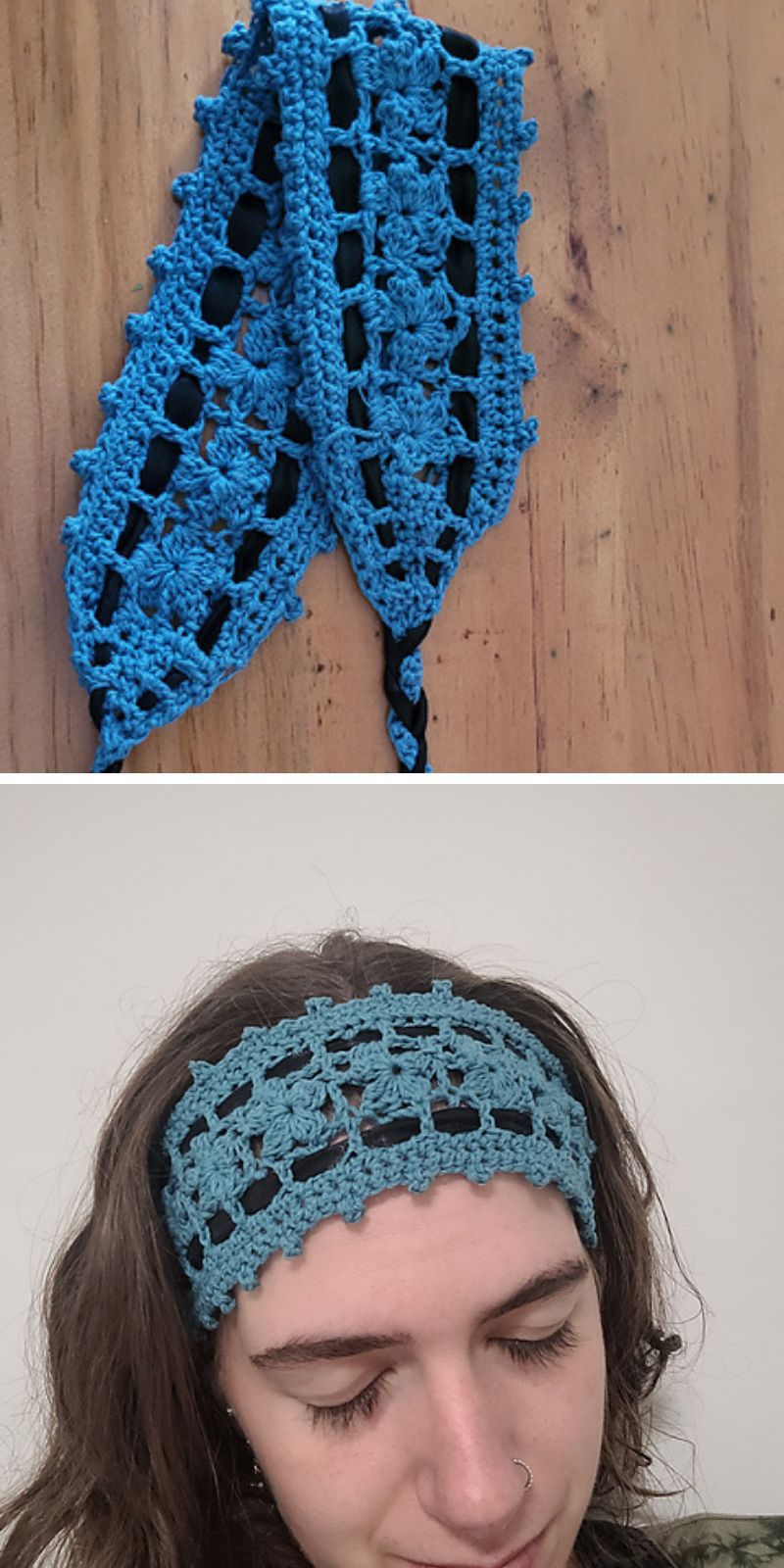 a blue lace crochet headband